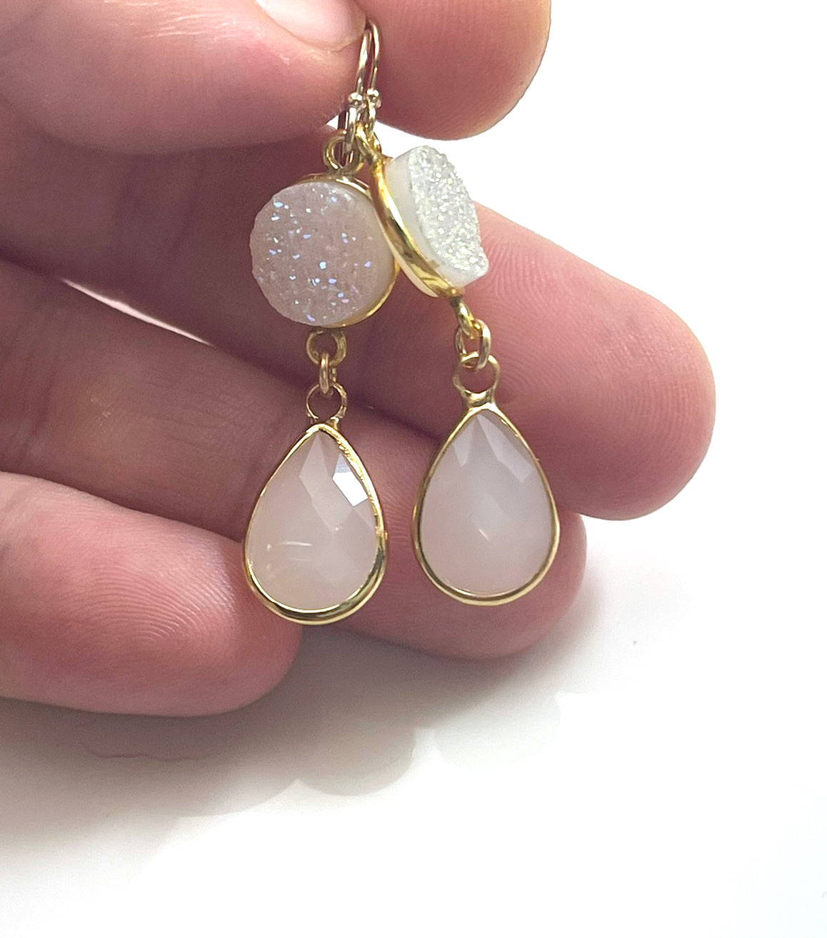 White Druzy & Glass Drop Earrings – 14k Gold Filled