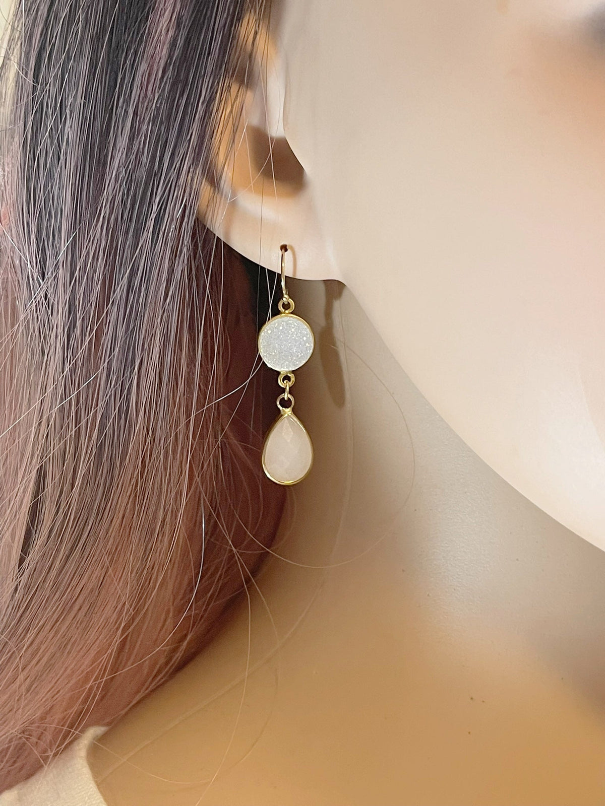 White Druzy & Glass Drop Earrings – 14k Gold Filled
