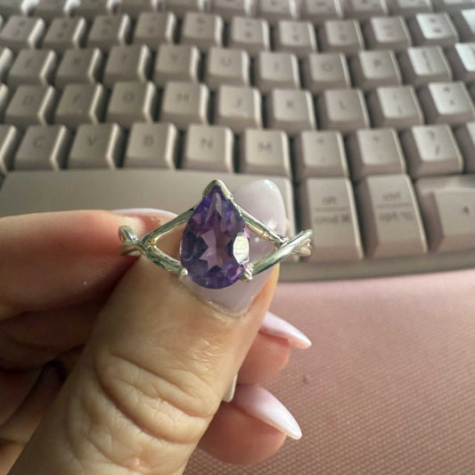 Pear-Cut Amethyst Sterling Silver Ring with Branch-Style Band – Size 14