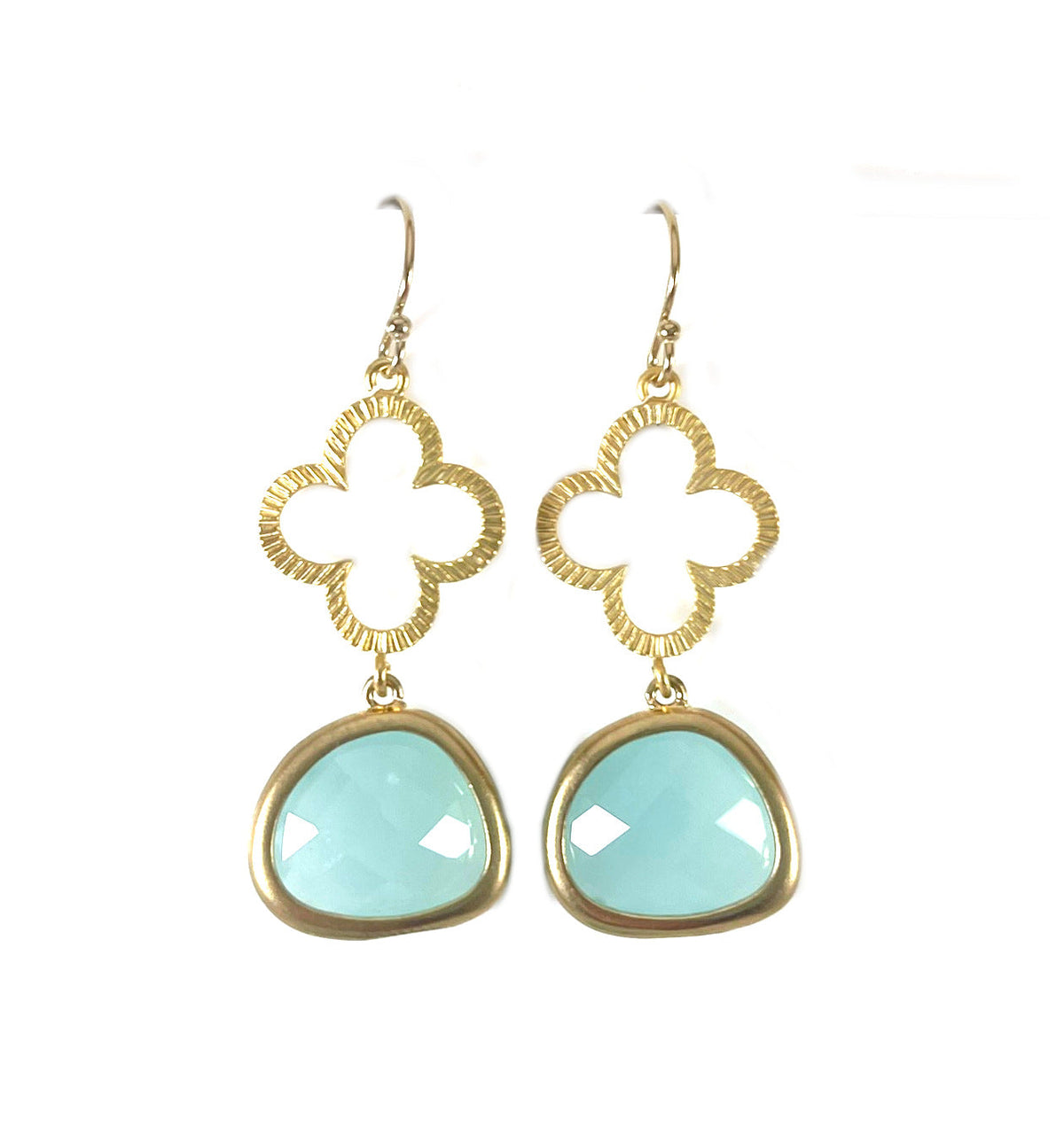 Gold Clover & Aqua Glass Drop Earrings – 14k Gold Filled