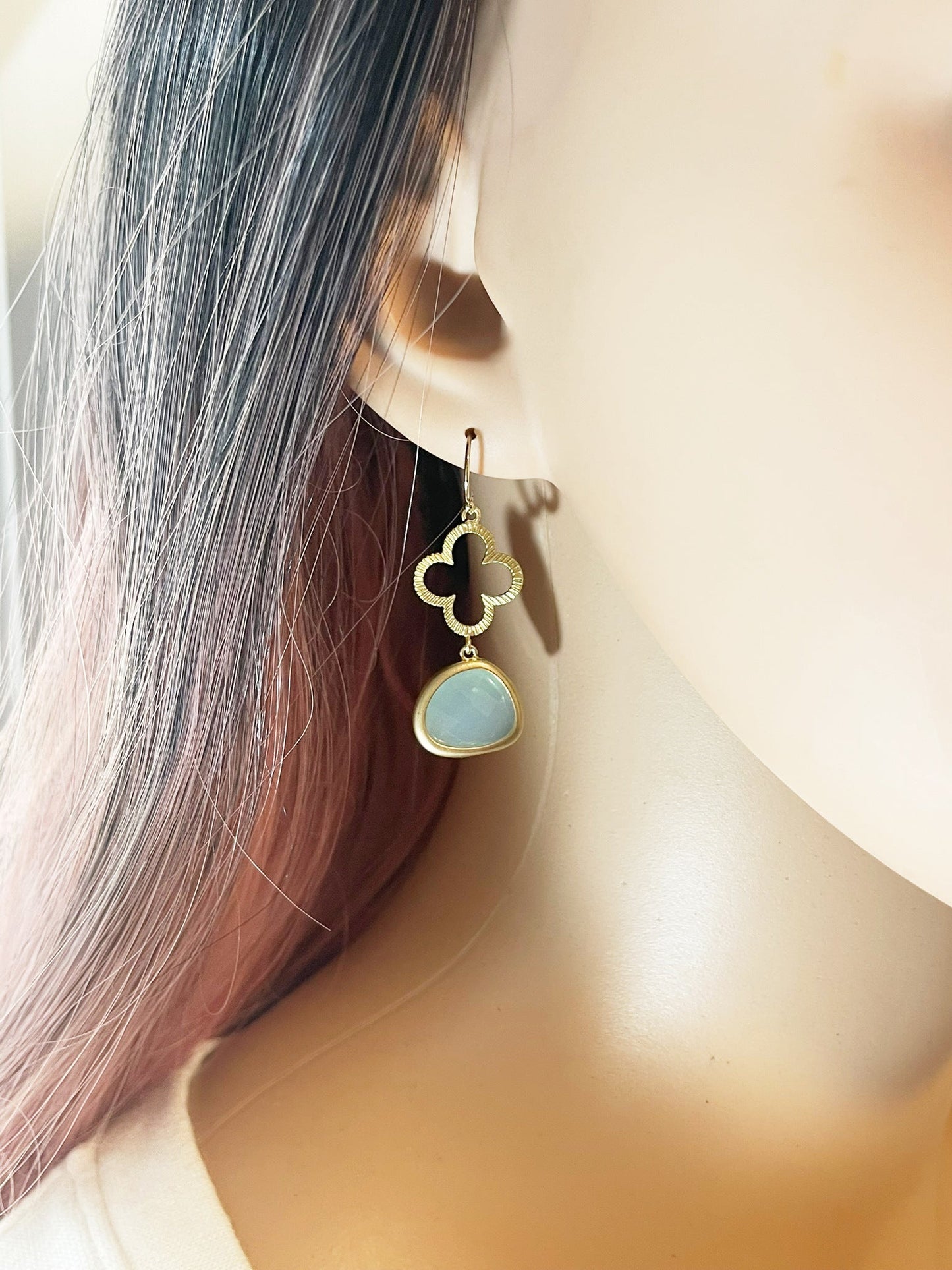 Gold Clover & Aqua Glass Drop Earrings – 14k Gold Filled Earwires, 1.5”