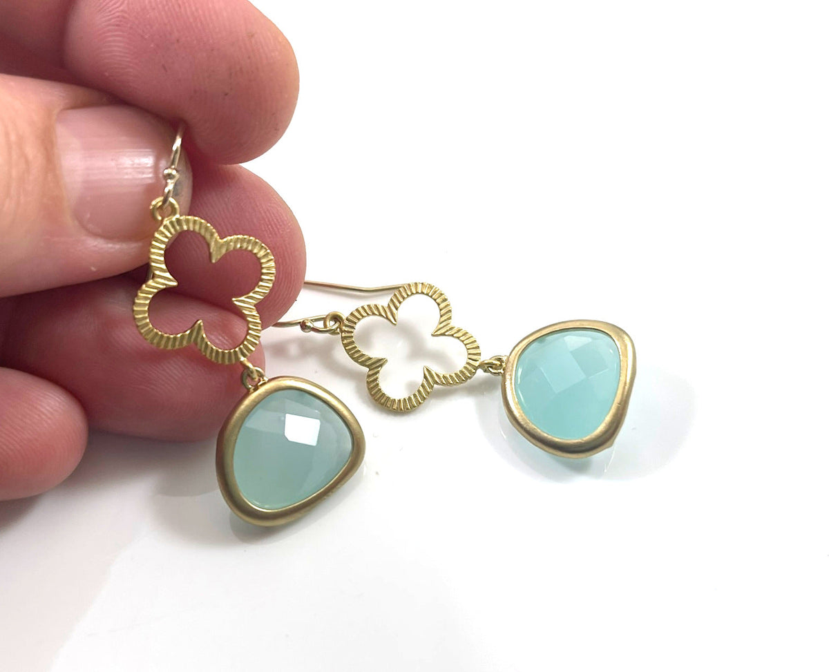 Gold Clover & Aqua Glass Drop Earrings – 14k Gold Filled