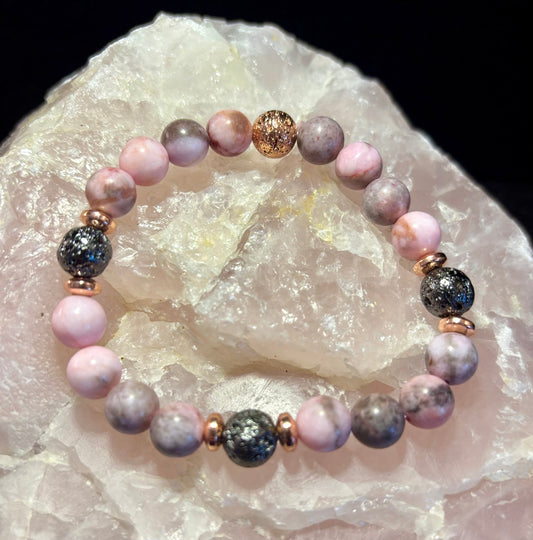 Pink Zebra Jasper & Rose Gold Toned Lava Stone Bracelet