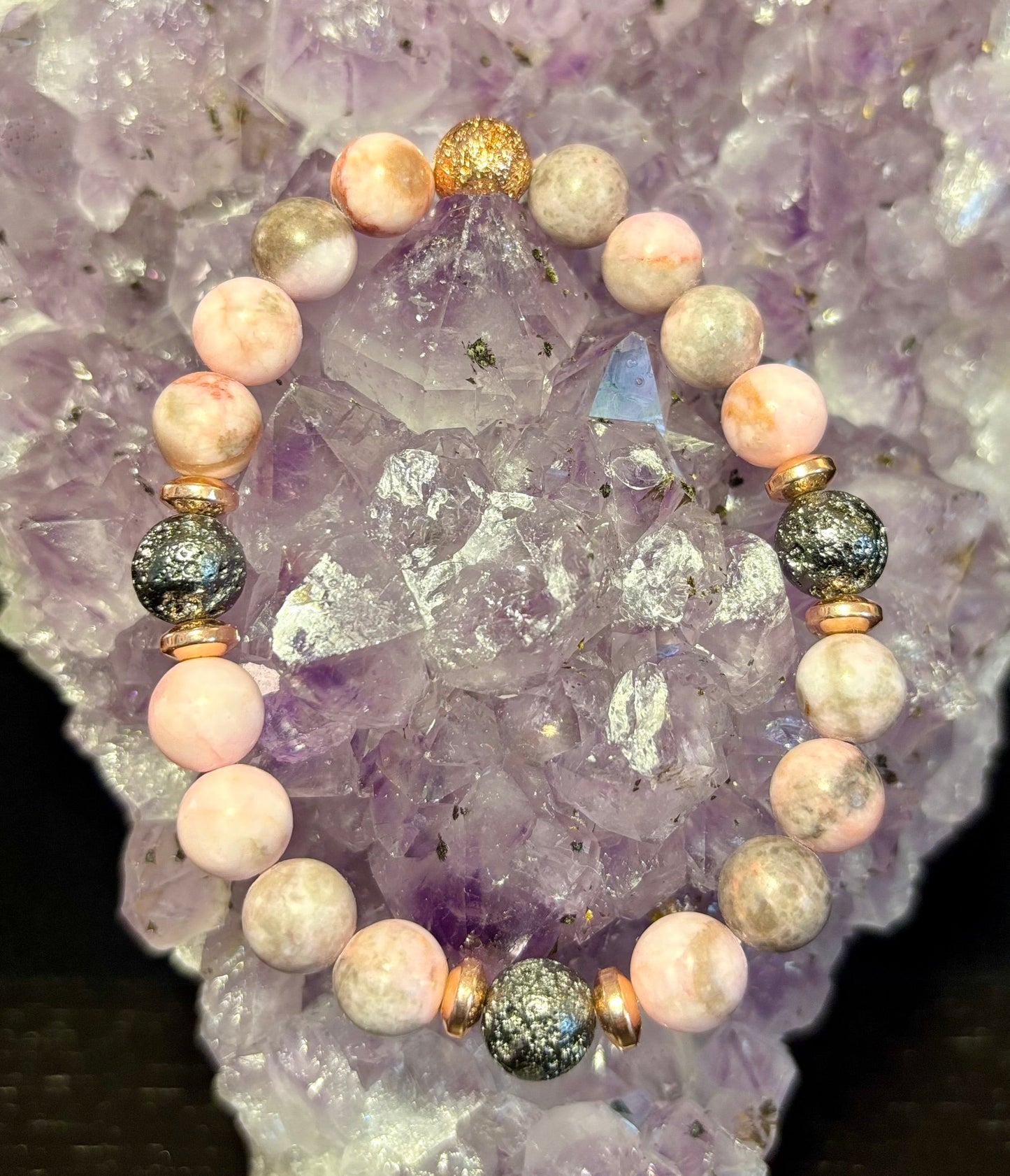 Pink Zebra Jasper & Rose Gold Toned Lava Stone Bracelet