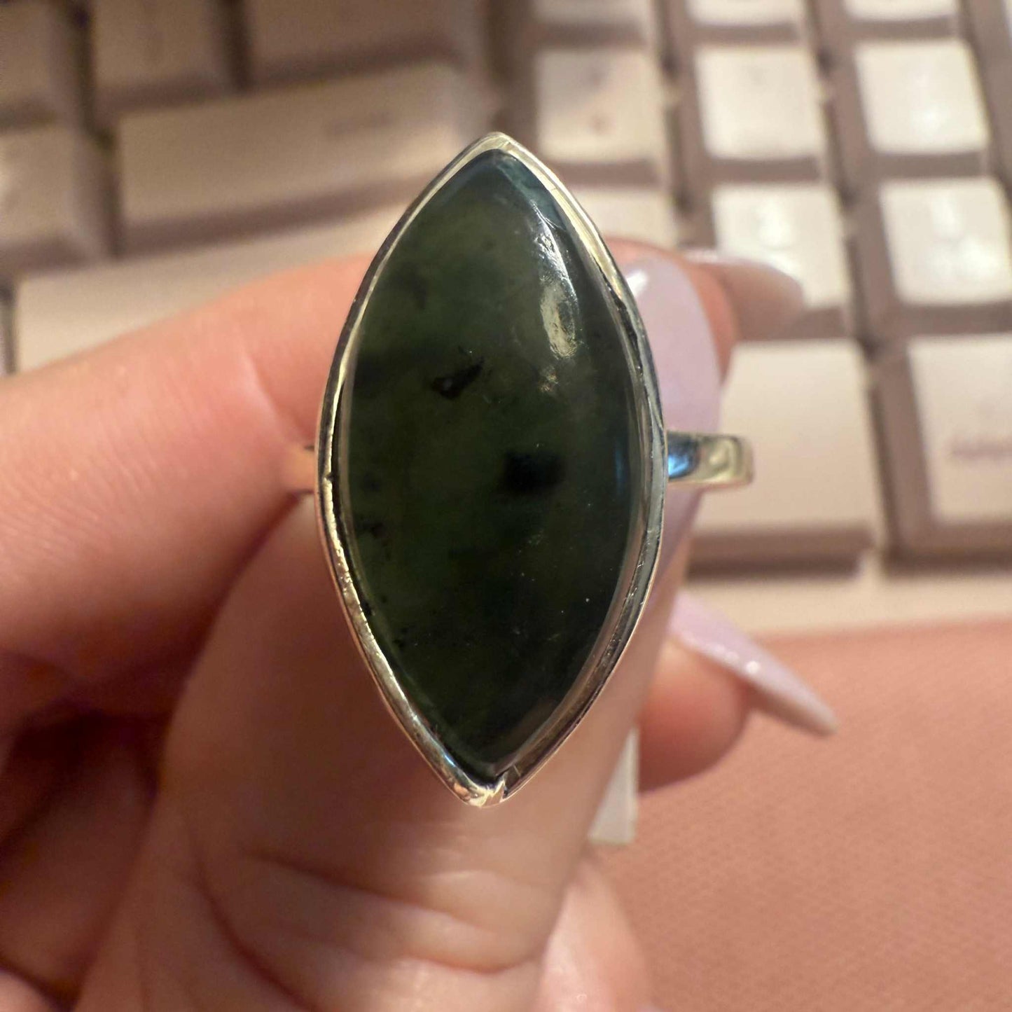 Jade Ring Size 9 – Natural Green Stone in Sterling Silver