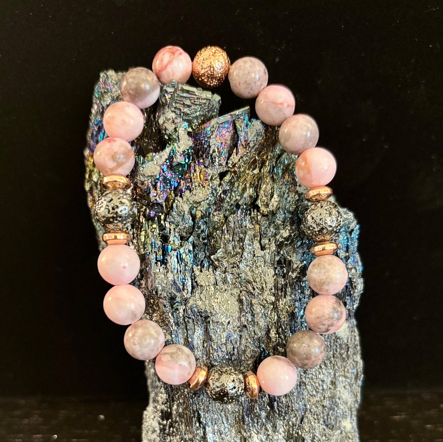 Pink Zebra Jasper & Rose Gold Toned Lava Stone Bracelet