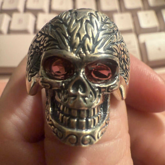 Sterling Silver Skull Ring with Dual Garnet Eyes – Sizes 11, 12 & 14