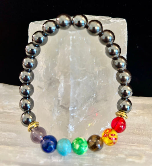 Chakra Healing Beads Bracelet with Hematite - Grounding, Protection & Balance