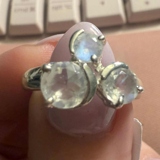 Triple Rainbow Moonstone Cluster Ring – Sterling Silver – Size 8
