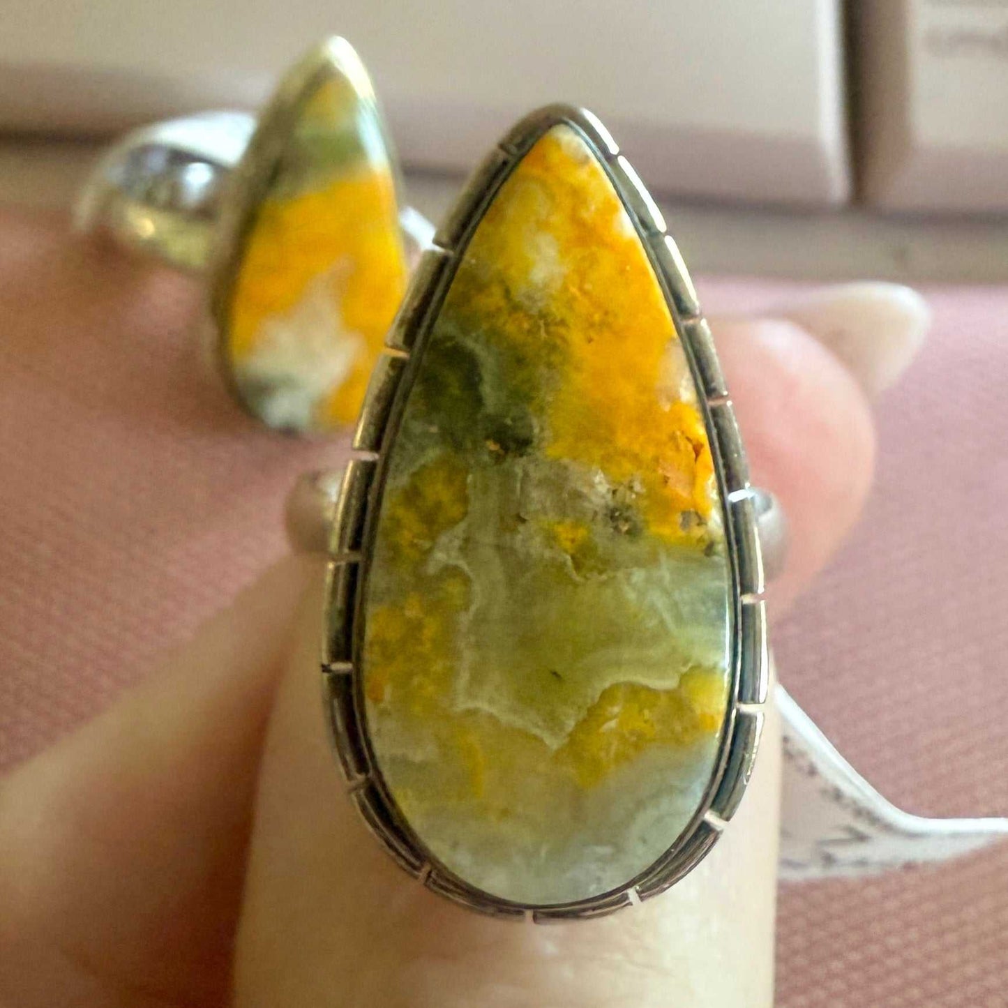 Bumblebee Jasper Teardrop Statement Ring – Sterling Silver – Sizes 6–9