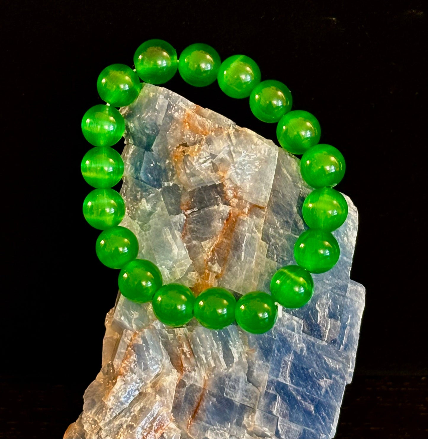 Green Cat Eye Stone Crystal Beaded Bracelet