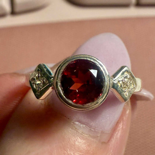 Garnet & Diamond-Accented Sterling Silver Ring – Sizes 7 & 8