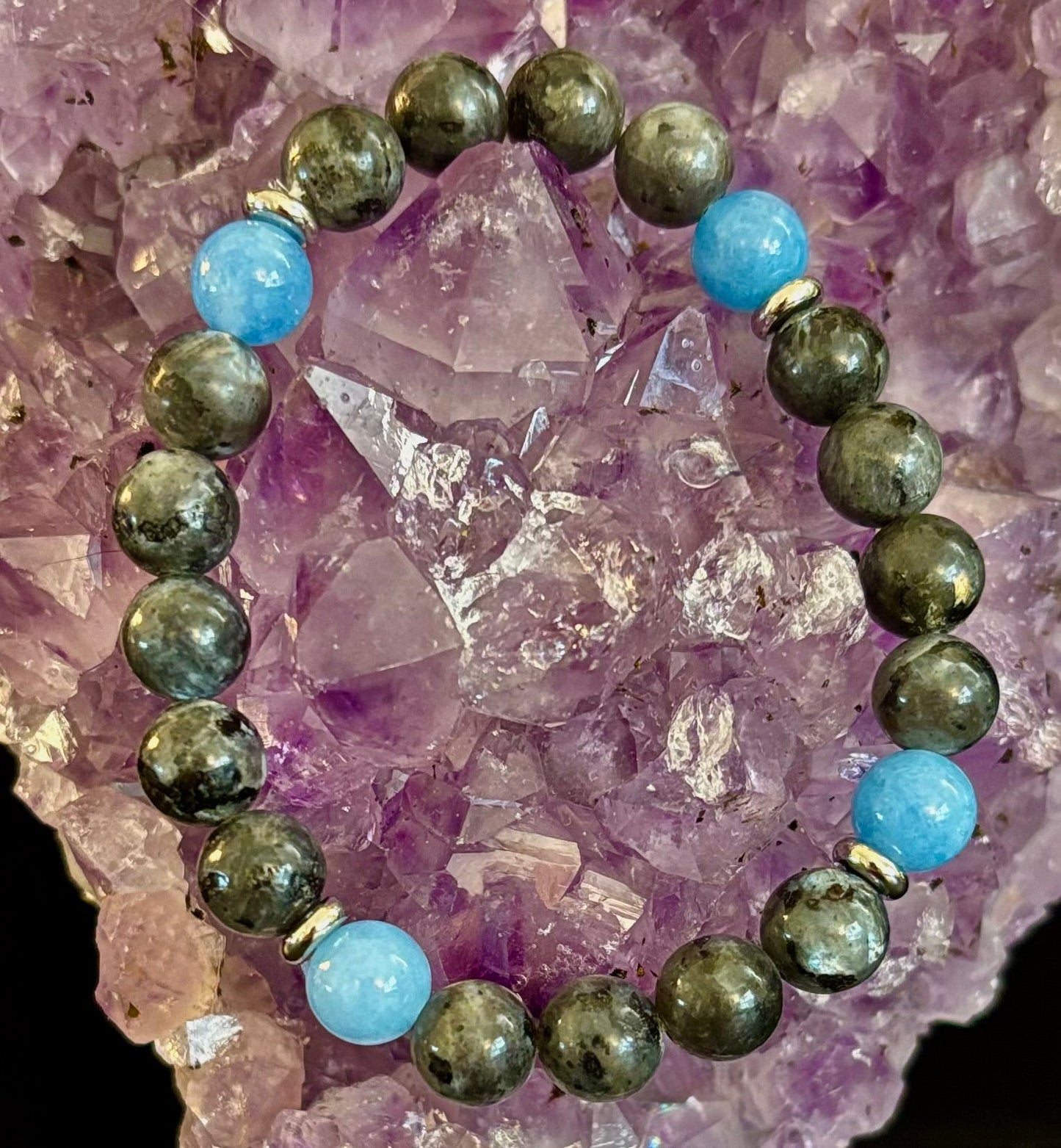Black Labradorite & Aquamarine Beaded Bracelet – Protection, Calm & Clarity