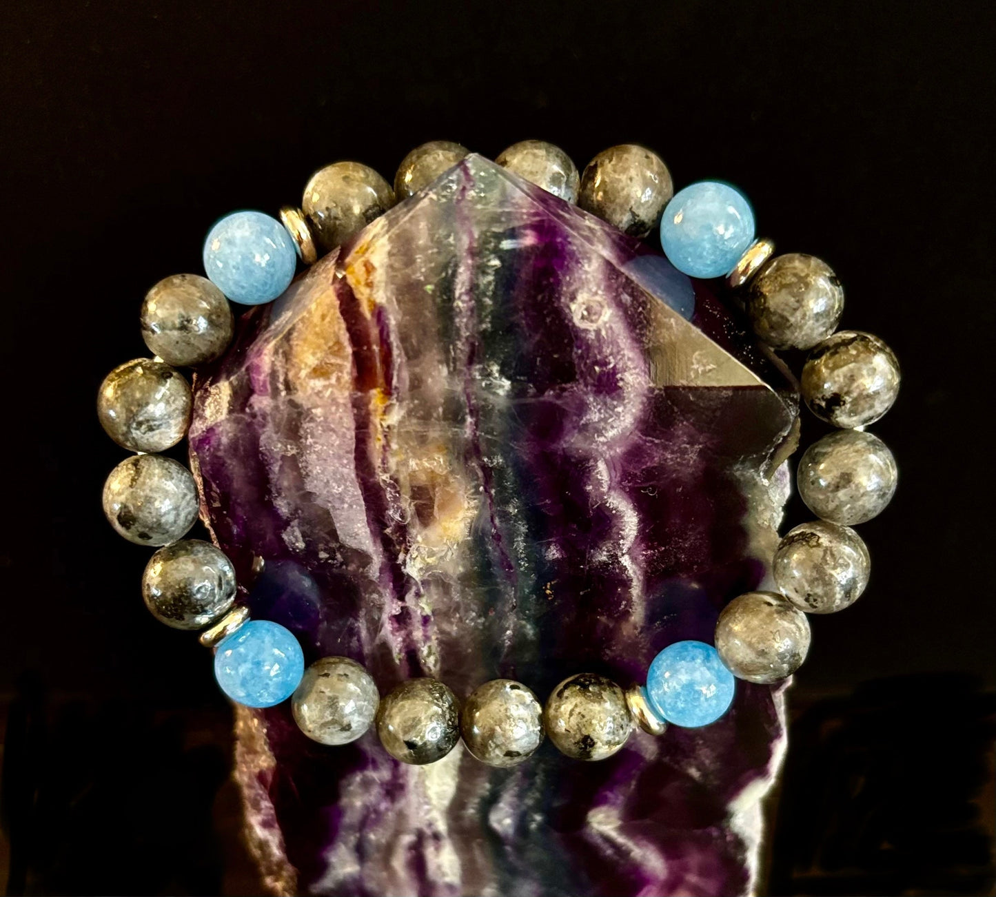 Black Labradorite & Aquamarine Beaded Bracelet – Protection, Calm & Clarity