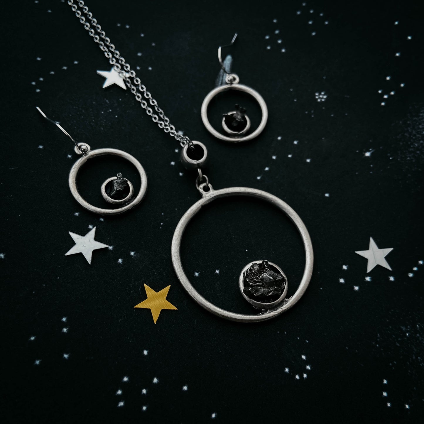 Meteorite Jewelry Set - Circle Necklace and Earrings
