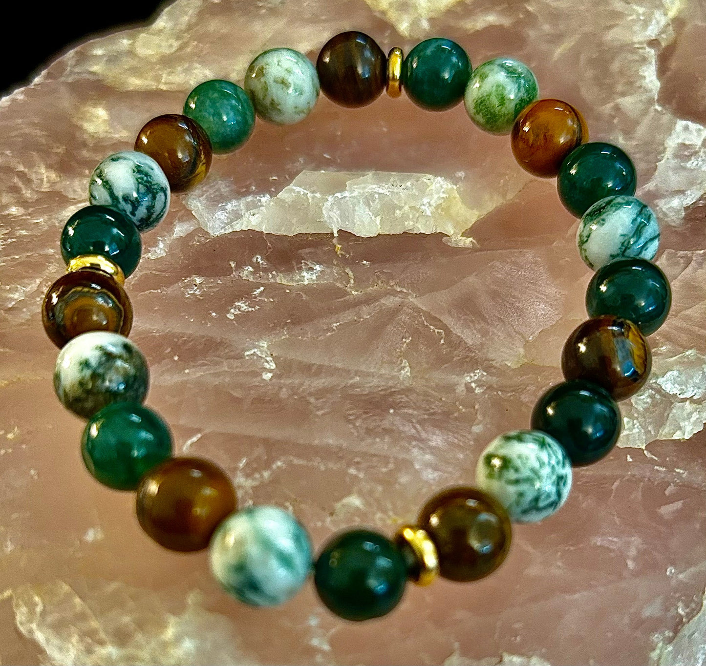 Moss Agate & Tiger Eye Gemstone Bracelet – 8mm Beads for Strength, Healing & Protection