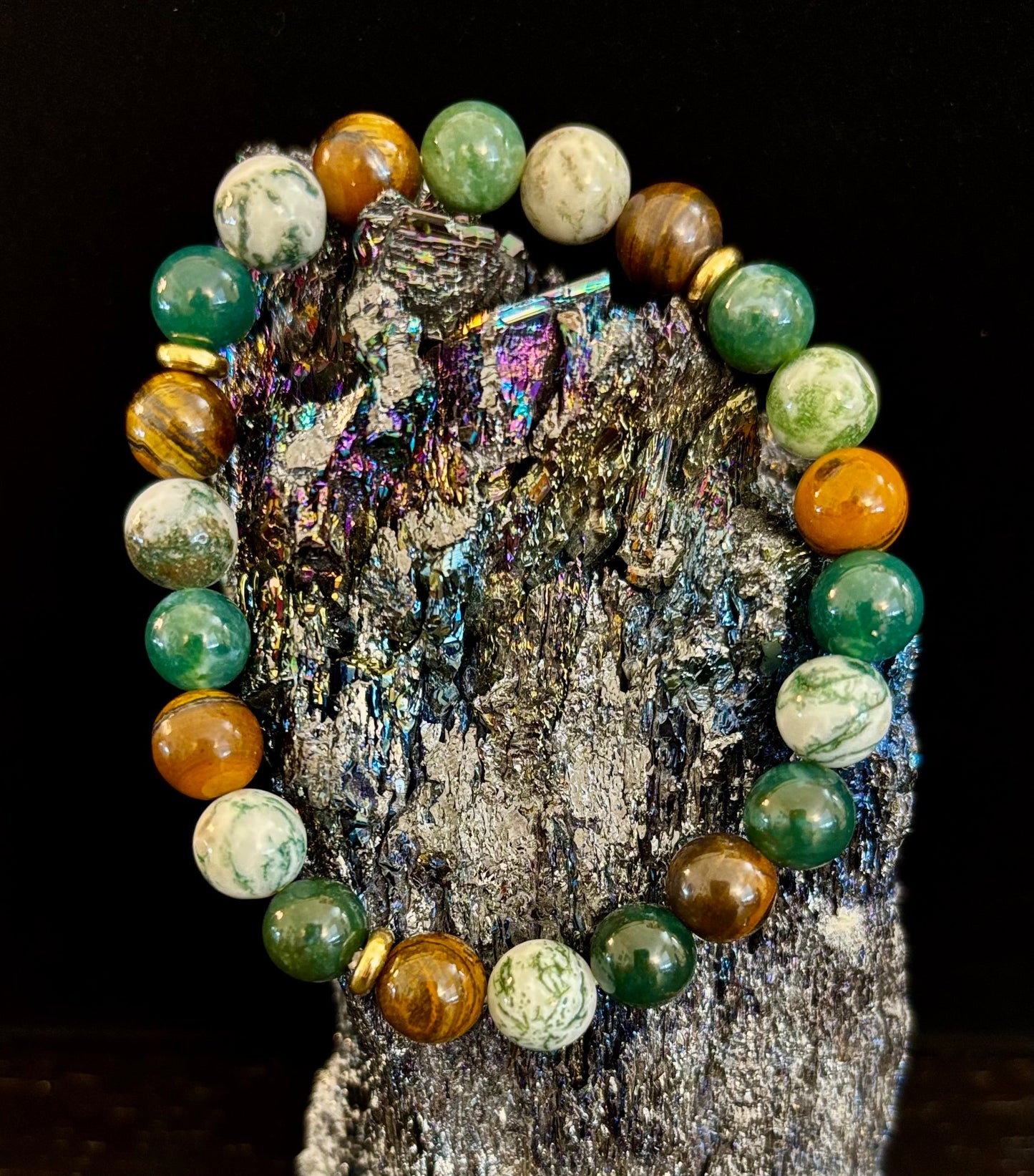 Moss Agate & Tiger Eye Gemstone Bracelet – 8mm Beads for Strength, Healing & Protection