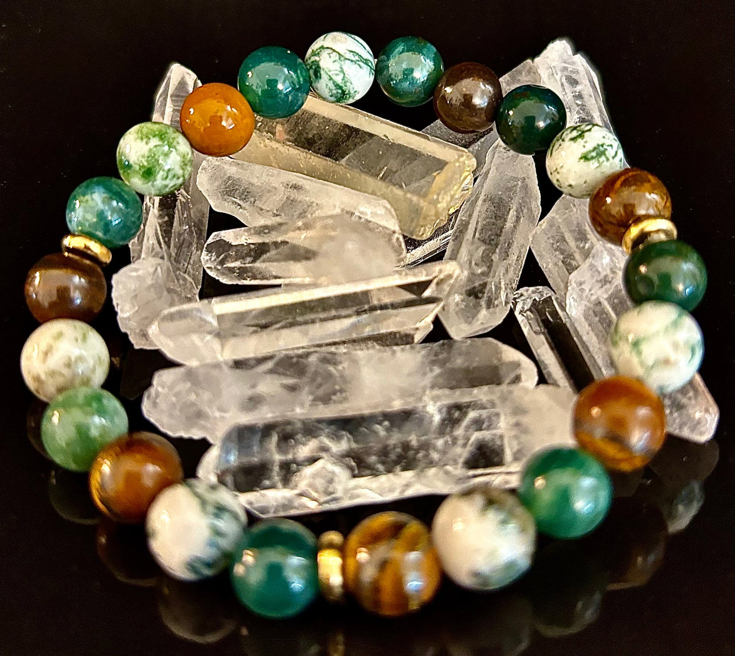 Moss Agate & Tiger Eye Gemstone Bracelet – 8mm Beads for Strength, Healing & Protection