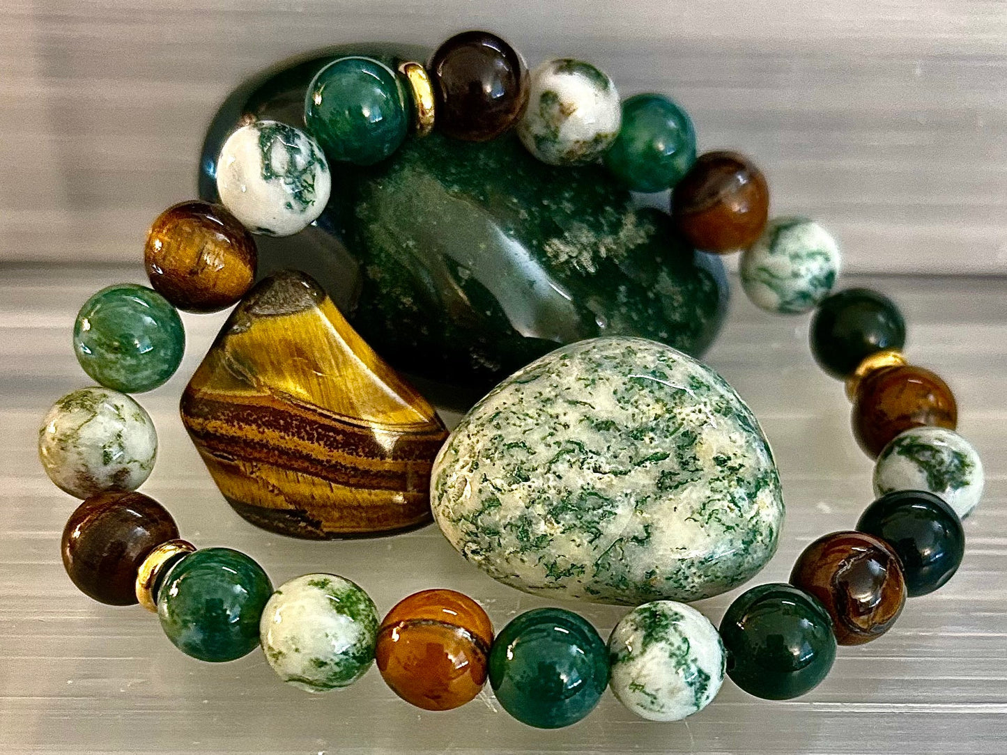 Moss Agate & Tiger Eye Gemstone Bracelet – 8mm Beads for Strength, Healing & Protection