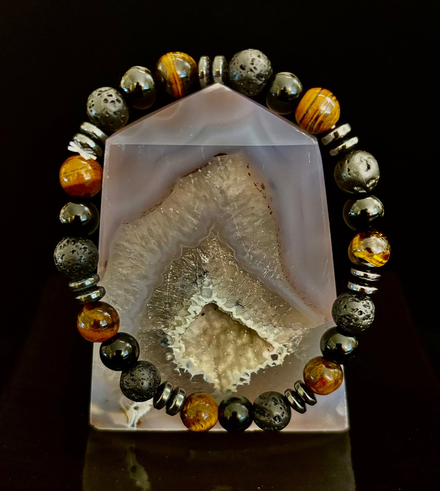 Energy Bracelet – Tiger Eye, Black Onyx & Lava Rock with Black Metal Spacers (Fits Large Wrists)