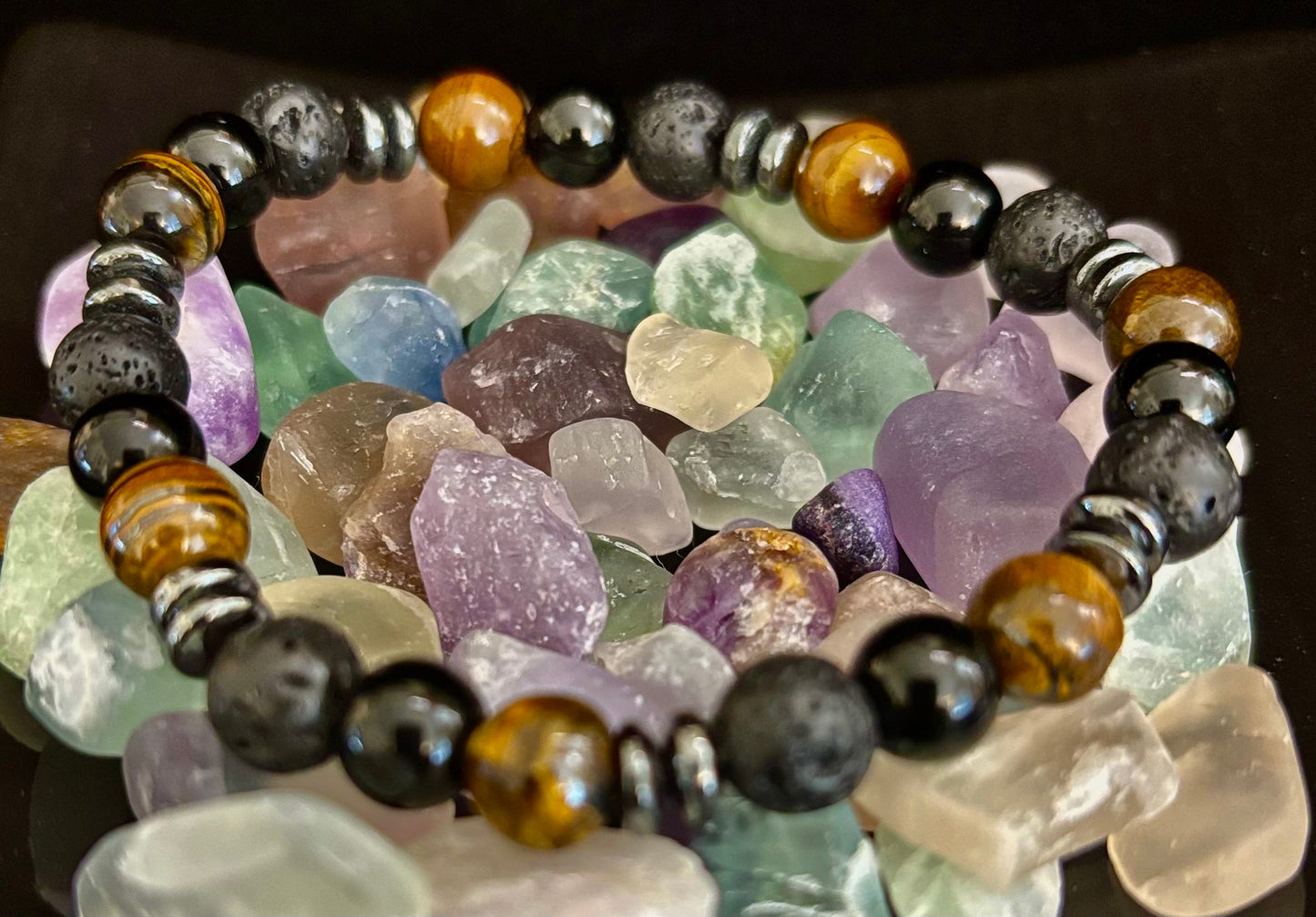 Energy Bracelet – Tiger Eye, Black Onyx & Lava Rock with Black Metal Spacers (Fits Large Wrists)