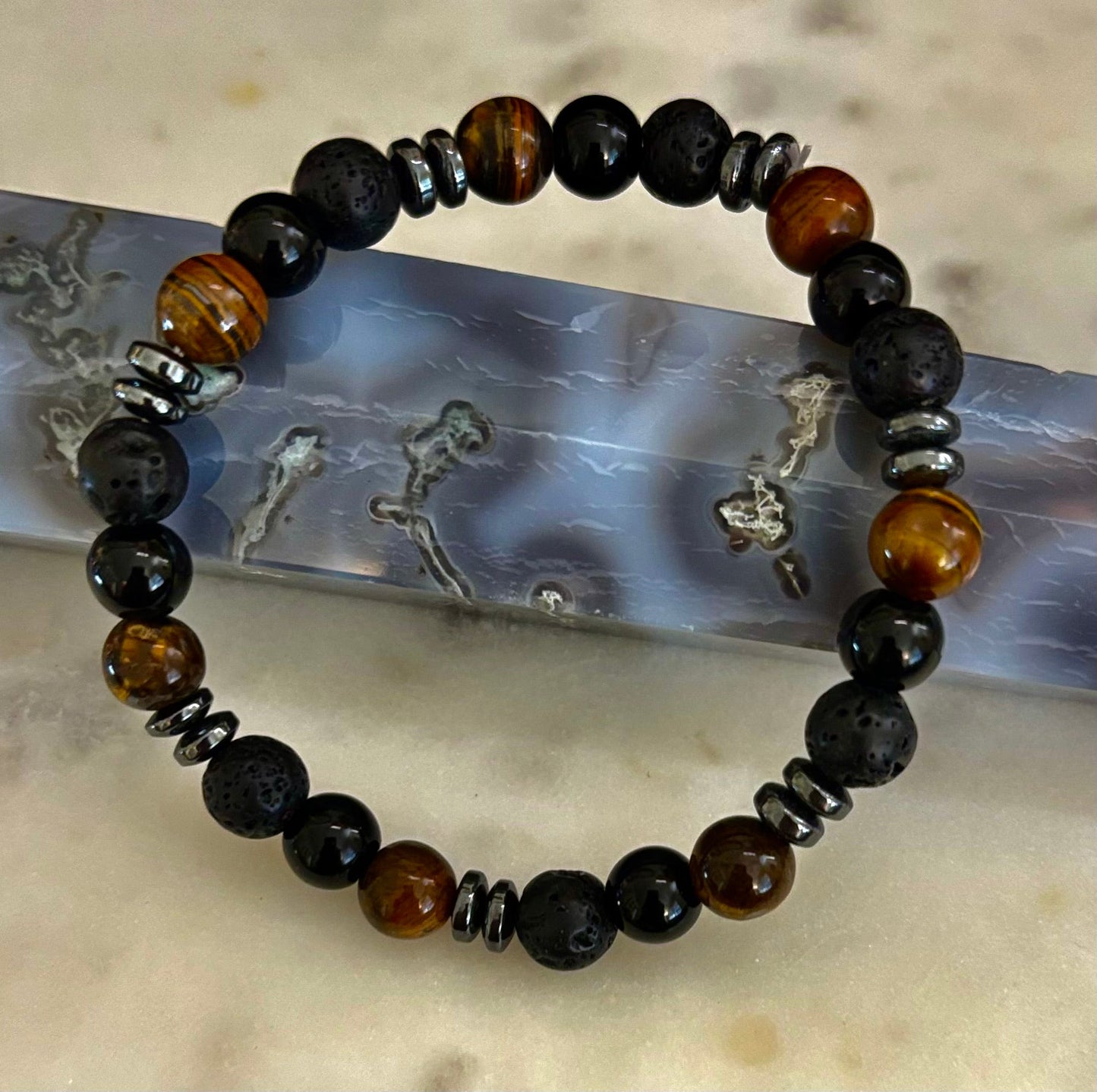 Energy Bracelet – Tiger Eye, Black Onyx & Lava Rock with Black Metal Spacers (Fits Large Wrists)