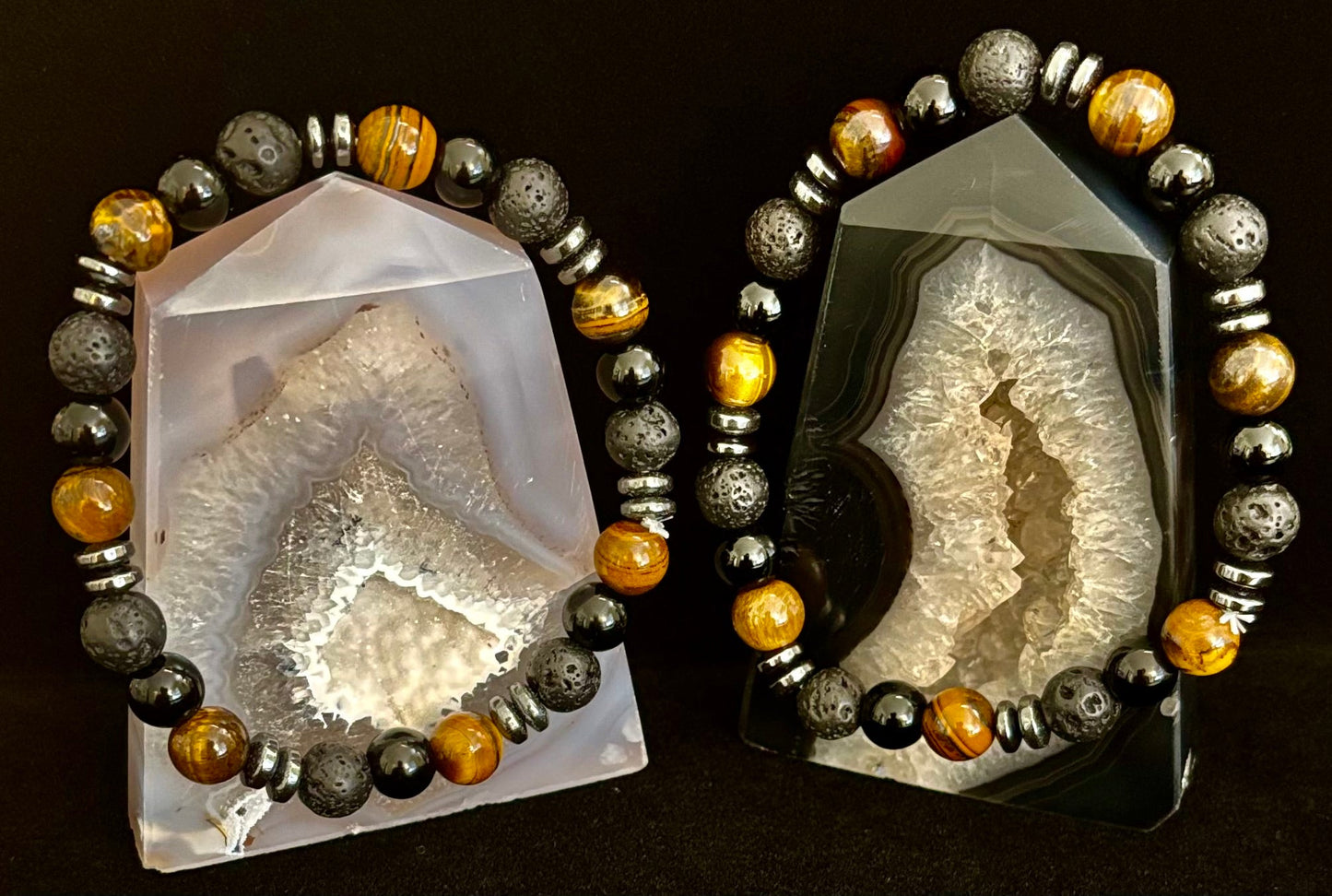 Energy Bracelet – Tiger Eye, Black Onyx & Lava Rock with Black Metal Spacers (Fits Large Wrists)