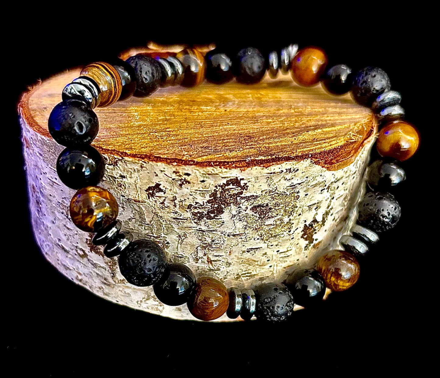Energy Bracelet – Tiger Eye, Black Onyx & Lava Rock with Black Metal Spacers (Fits Large Wrists)