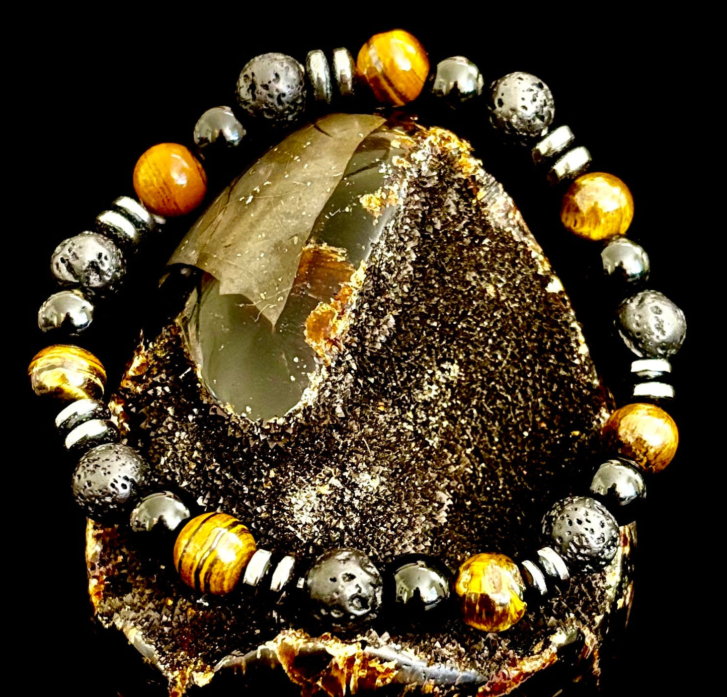 Energy Bracelet – Tiger Eye, Black Onyx & Lava Rock with Black Metal Spacers (Fits Large Wrists)