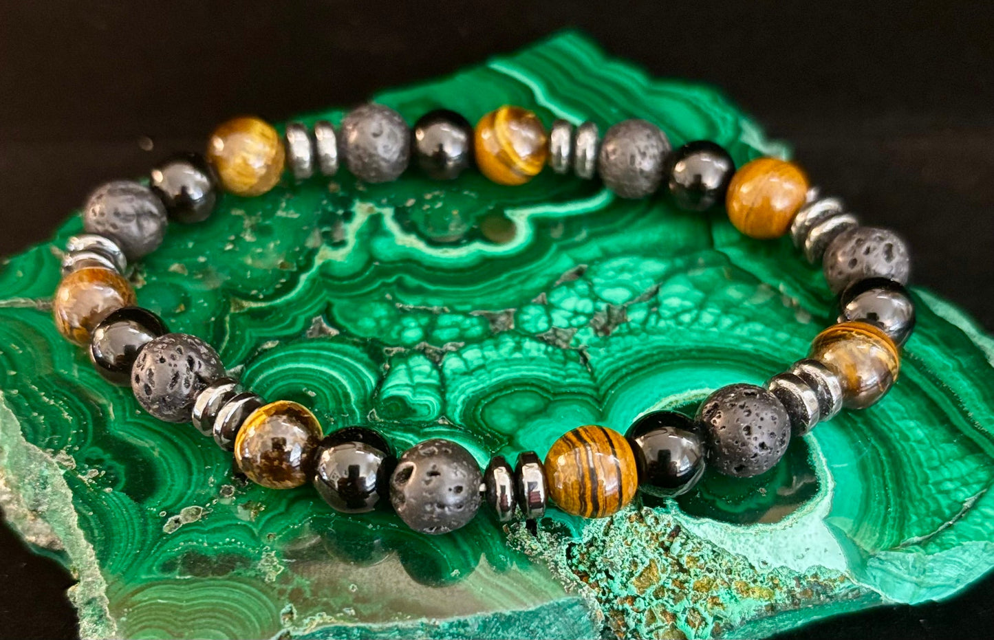 Energy Bracelet – Tiger Eye, Black Onyx & Lava Rock with Black Metal Spacers (Fits Large Wrists)