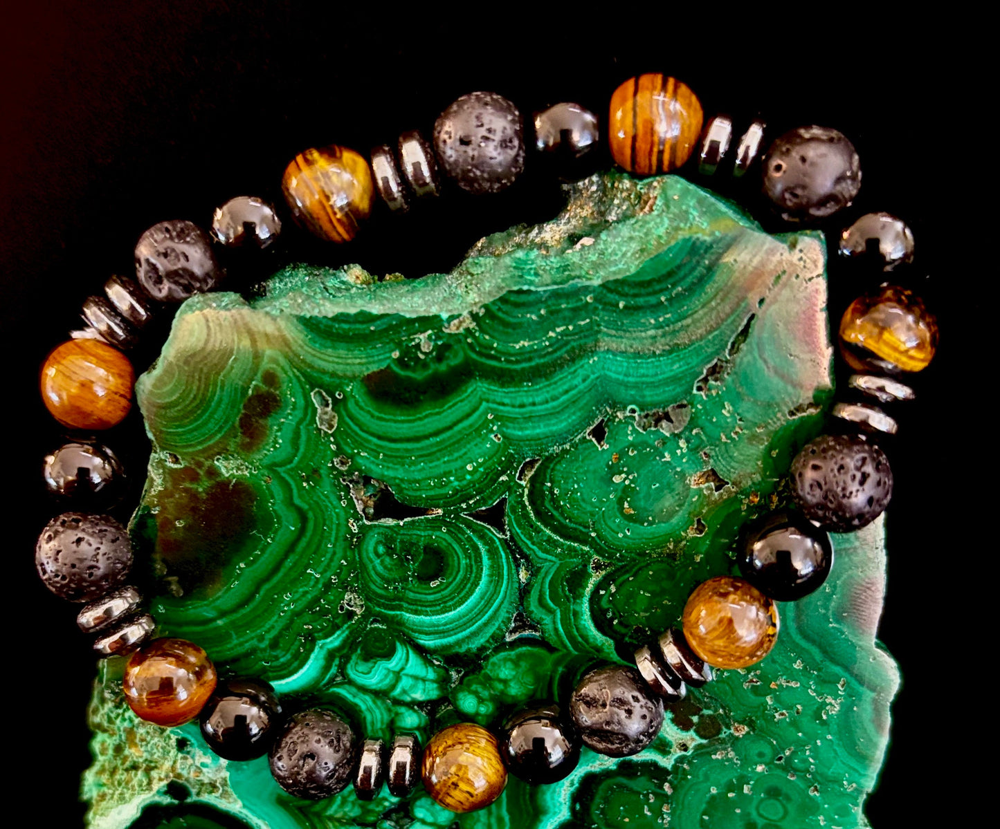 Energy Bracelet – Tiger Eye, Black Onyx & Lava Rock with Black Metal Spacers (Fits Large Wrists)