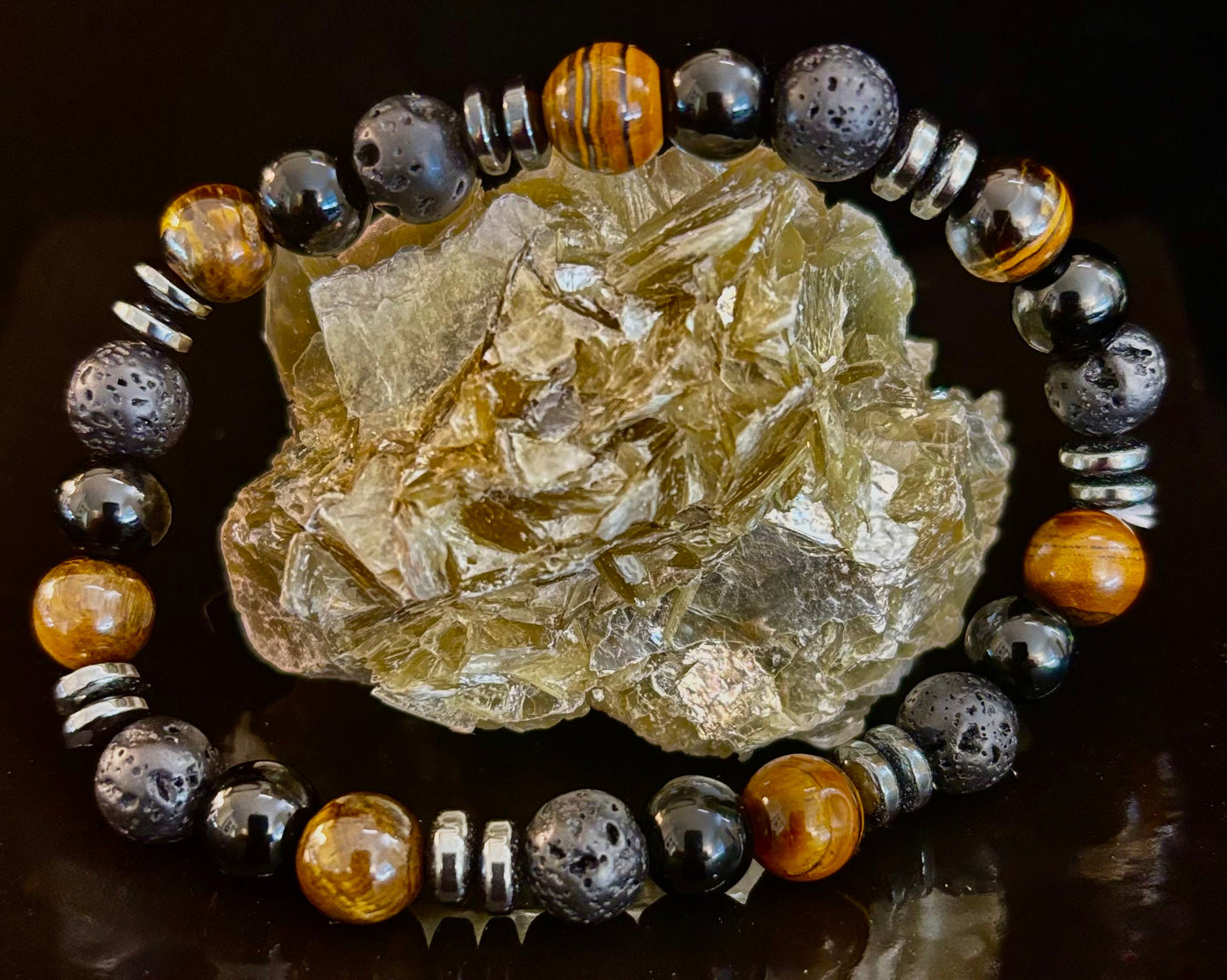 Energy Bracelet – Tiger Eye, Black Onyx & Lava Rock with Black Metal Spacers (Fits Large Wrists)