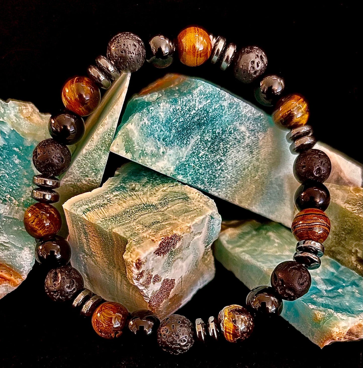 Energy Bracelet – Tiger Eye, Black Onyx & Lava Rock with Black Metal Spacers (Fits Large Wrists)