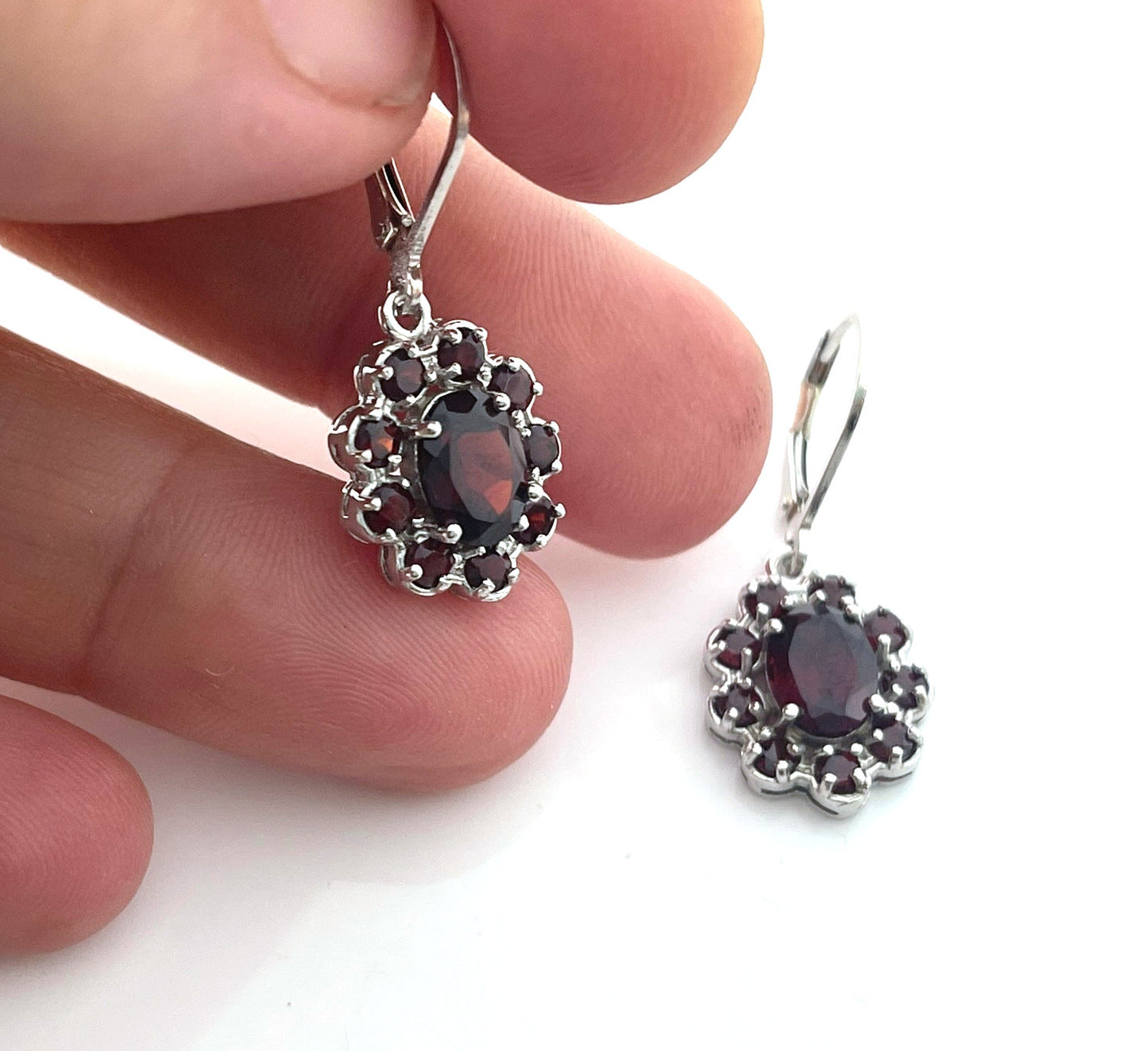 Garnet Cluster Sterling Silver Earrings – January Birthstone Leverback Dangles, Handmade in Raleigh