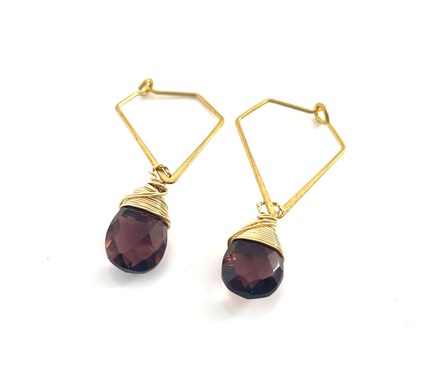 Purple Hydro Quartz Earrings – Brass Diamond-Shaped Dangles, Hand Wire Wrapped Briolette Earrings (1.5”)