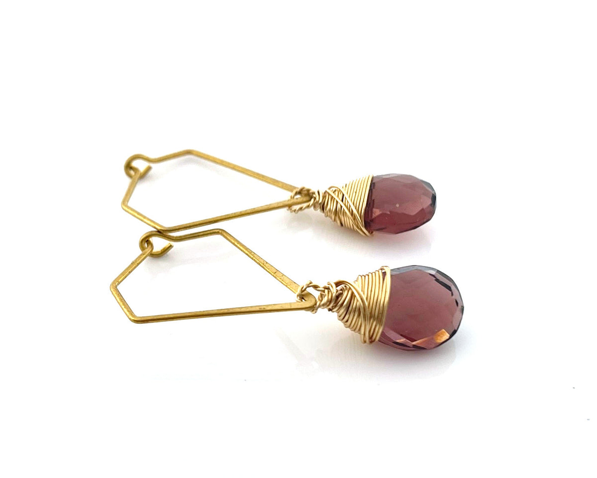 Purple Hydro Quartz Earrings – Brass Diamond-Shaped Dangles, Hand Wire Wrapped Briolette Earrings (1.5”)