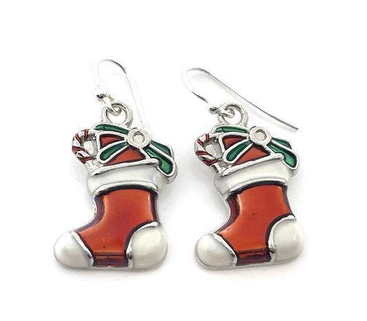 Enameled Christmas Stocking Earrings – Sterling Silver Hooks, Handmade in Raleigh, Stocking Stuffer for Her