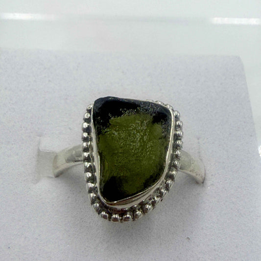 Sterling Silver Bezeled Moldavite Ring - Size 6 - Transformation, Growth & Awakening