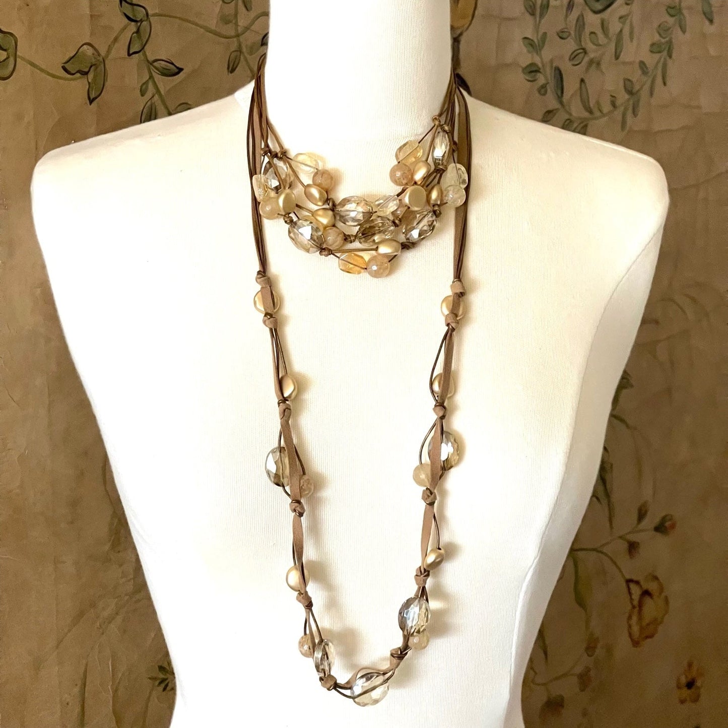 Citrine Quartz and Champagne Crystal  Bronze Suede Long Necklace