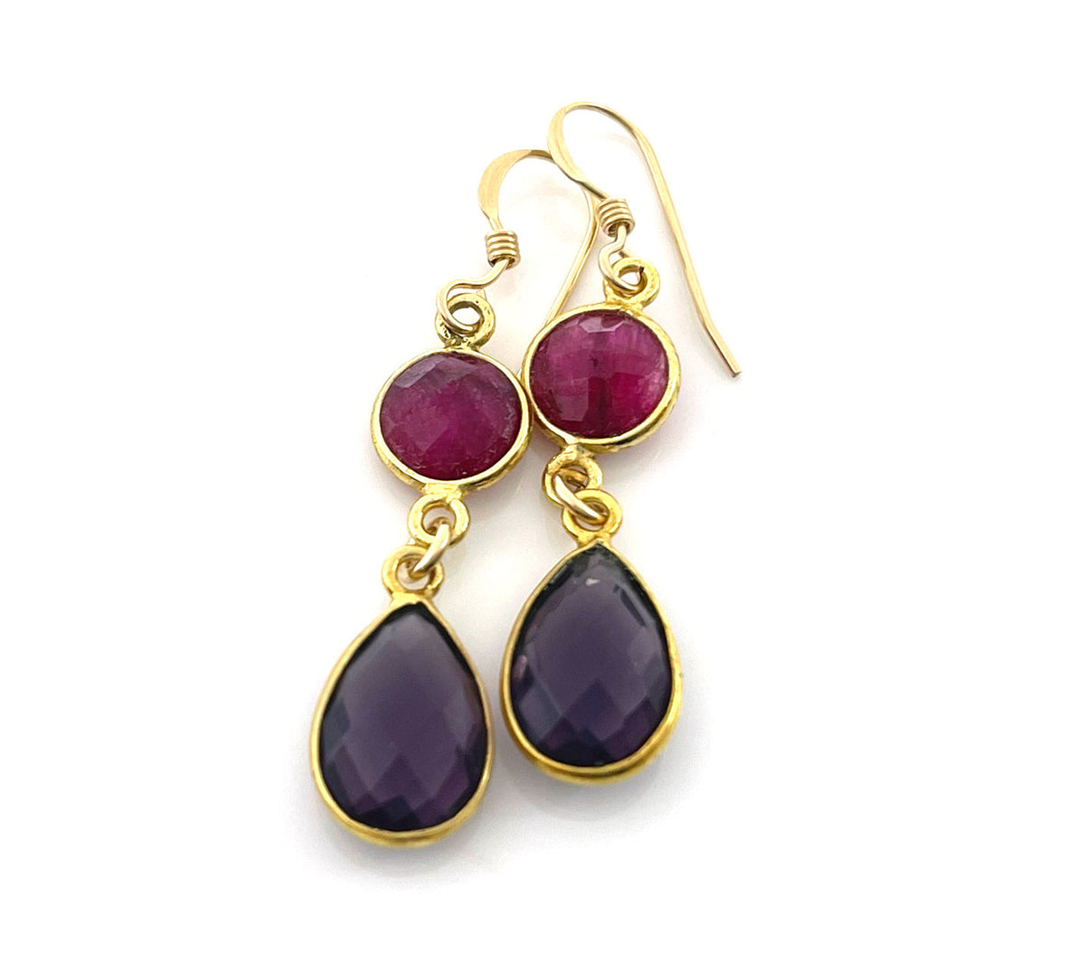 Dyed Ruby & Amethyst Gemstone Drop Earrings – 14k Gold Filled