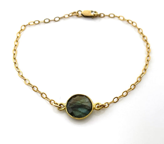 Flash Labradorite Bezel Bracelet – 14k Gold Filled Chain – Handmade in Raleigh NC – 7.25" with Lobster Clasp, Gift Box Included