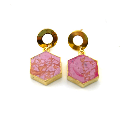 Pink Howlite Hexagon Drop Earrings – Retro Brass Circle Posts – Handmade in Raleigh NC – 1" Gift-Boxed Jewelry