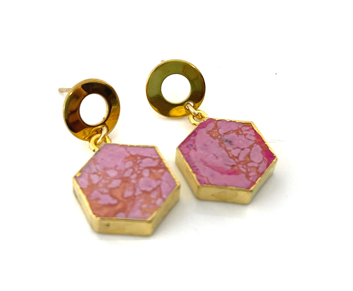 Pink Howlite Hexagon Drop Earrings