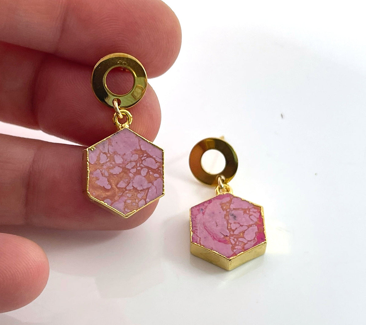 Pink Howlite Hexagon Drop Earrings