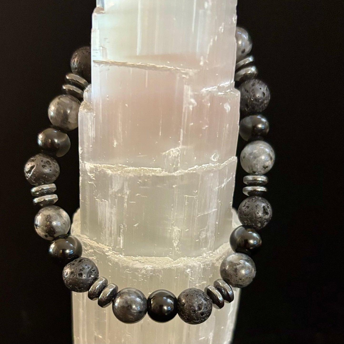 Men's Mystic Warrior Bracelet – Labradorite, Black Onyx & Lava Rock with Black Metal Spacers (Fits Large Wrists)