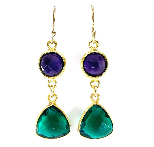 Amethyst & Green Hydro Quartz Bezel Drop Earrings – 14k Gold Filled – Handmade in Raleigh NC – 1.5" Gift-Boxed Jewelry