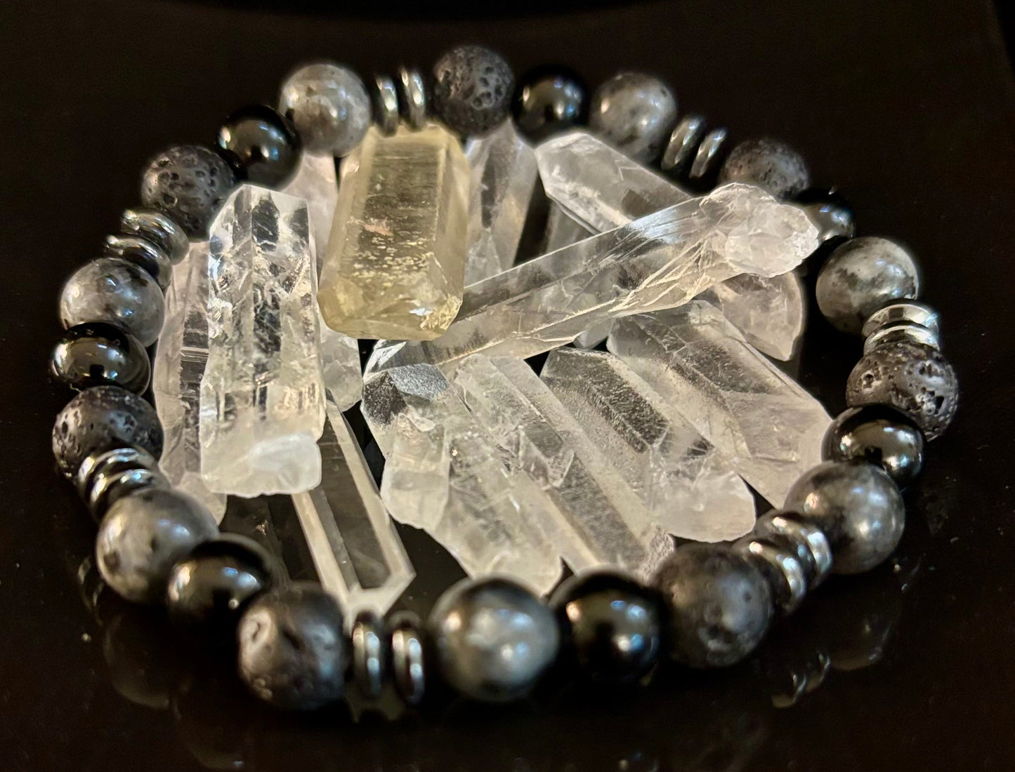 Men's Mystic Warrior Bracelet – Labradorite, Black Onyx & Lava Rock with Black Metal Spacers (Fits Large Wrists)