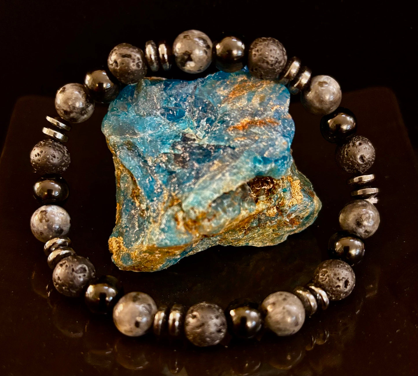 Men's Mystic Warrior Bracelet – Labradorite, Black Onyx & Lava Rock with Black Metal Spacers (Fits Large Wrists)