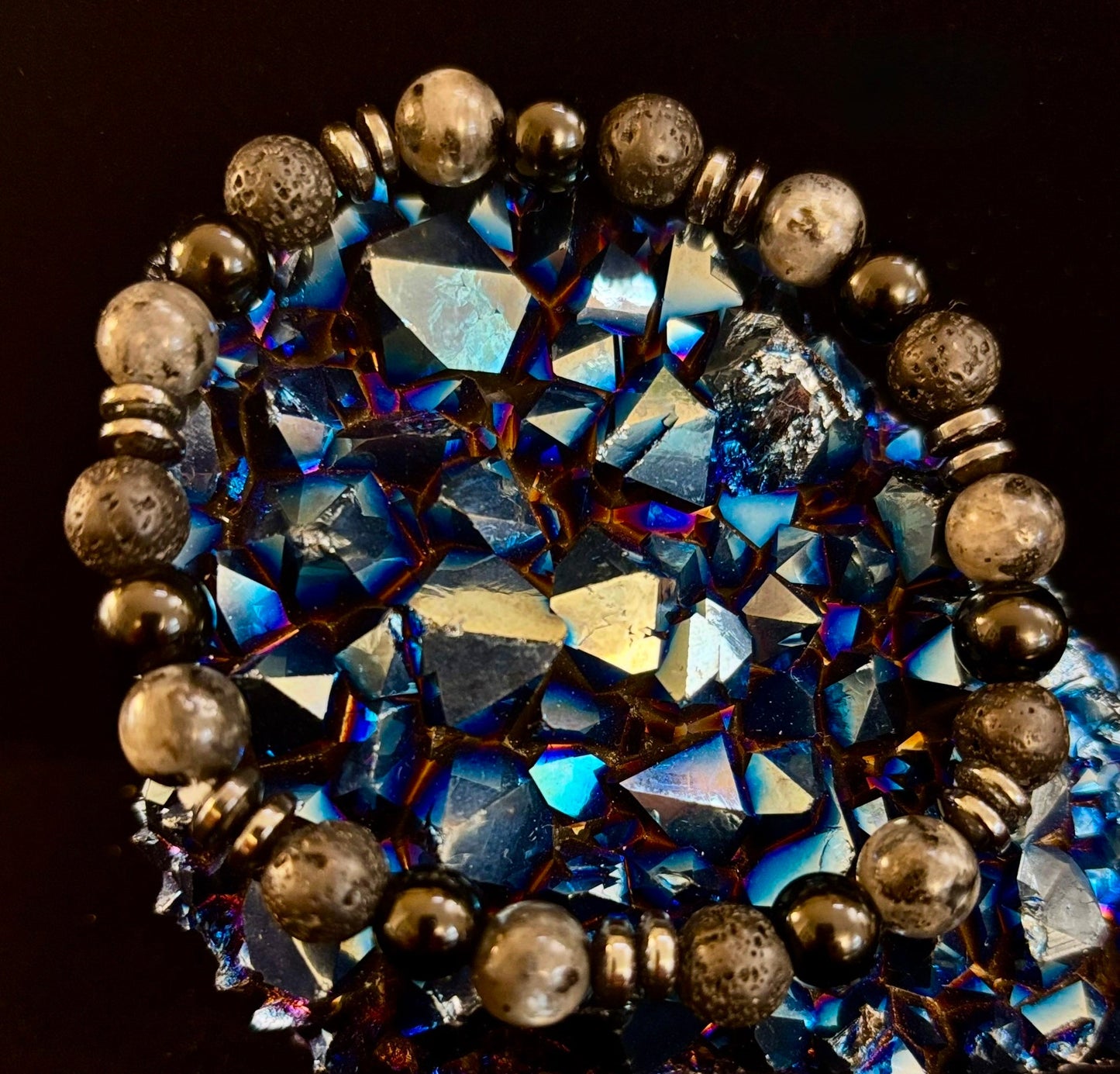 Men's Mystic Warrior Bracelet – Labradorite, Black Onyx & Lava Rock with Black Metal Spacers (Fits Large Wrists)