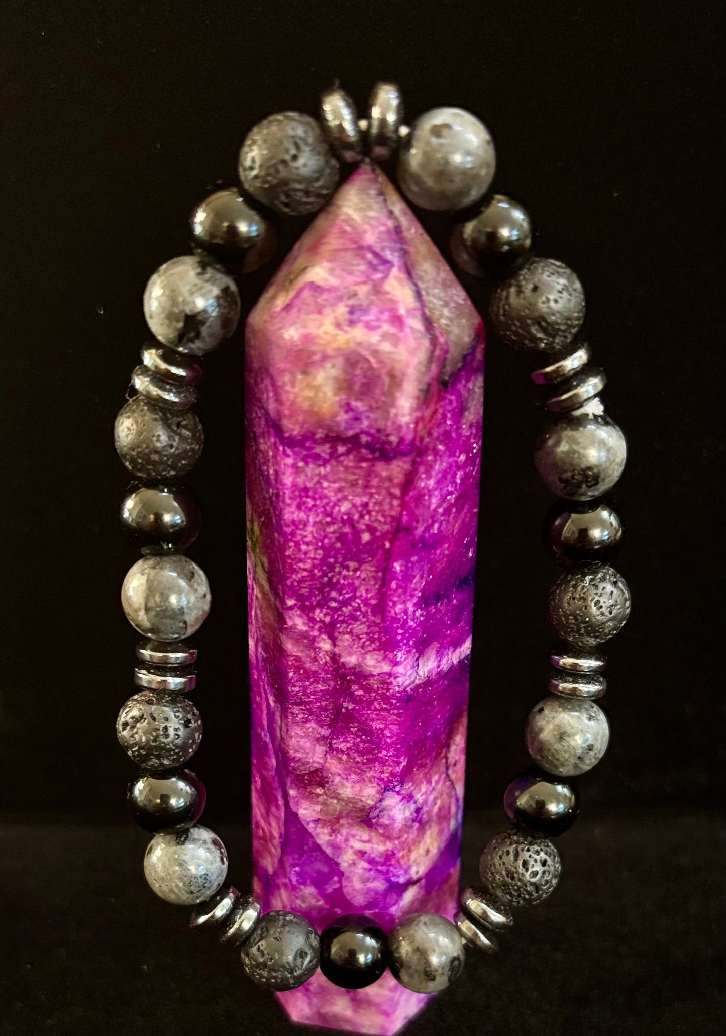 Men's Mystic Warrior Bracelet – Labradorite, Black Onyx & Lava Rock with Black Metal Spacers (Fits Large Wrists)